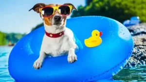 A small dog wearing sunglasses relaxing on a blue float in the water, representing Summer Dog Care tips for keeping pets cool and safe.